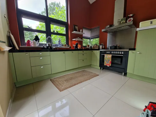 Groene keuken tegen een rode wand